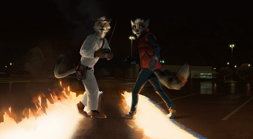 2017 :o alternate_species anthro back_to_the_future belt cat clothed clothing detailed_background digital_media_(artwork) digital_painting_(artwork) dipstick_tail duo emmett_brown feline fire fully_clothed furrification head_turn holding_object lofi male mammal marty_mcfly multicolored_tail outside raccoon ringed_tail utility_belt vest