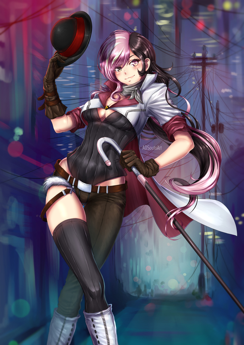 adsouto belt blush breasts brown_hair cane cleavage corset cropped_jacket crossed_legs hat hat_removed headwear_removed heterochromia highres hips holding holding_hat long_hair looking_at_viewer medium_breasts multicolored_hair neo_(rwby) pink_eyes pink_hair power_lines rwby single_thighhigh sleeves_rolled_up smile solo thigh_gap thighhighs transformer