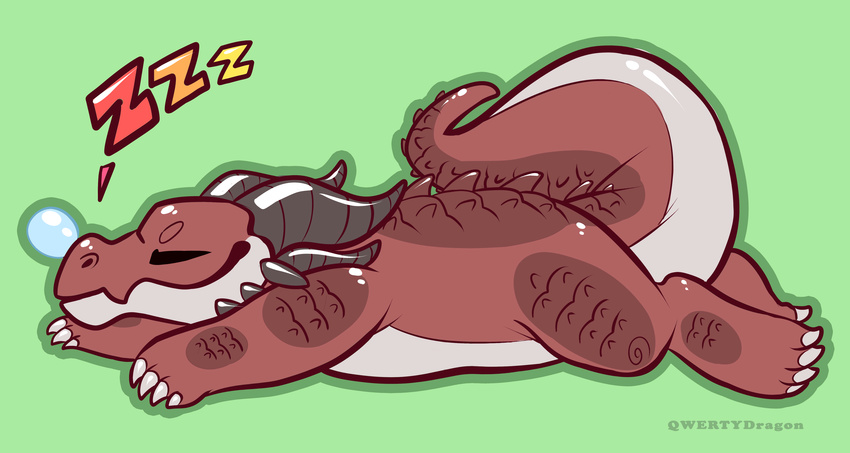 2013 4_toes absurd_res bubble chibi claws cute digital_media_(artwork) dragon eyes_closed feral green_background hi_res horn male nude qwertydragon scales scalie side_view simple_background sleeping solo sound_effects toe_claws toes xhyra zzz