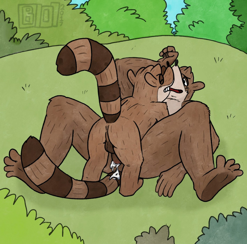 anal anal_penetration anthro balls bowserboy101 brothers cartoon_network cum cum_in_ass cum_inside don_(regular_show) duo incest male male/male mammal outside penetration penis raccoon regular_show rigby_(regular_show) sibling size_difference small_dom_big_sub