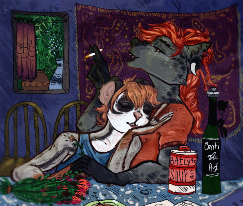 alcohol anthro beverage breah_wren ear_piercing female finian_wren hair hyena katyech male mammal marsupial piercing red_hair romantic smoking spots sugar_glider