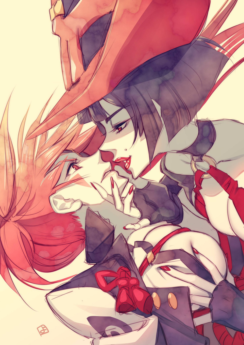 2girls baiken bangs black_hair breast_grab breasts chin_grab cleavage eye_contact eyepatch face-to-face facial_tattoo fingerless_gloves fingernails gloves grabbing guilty_gear guilty_gear_xrd half-closed_eyes hand_on_another's_chin hat highres i-no imminent_kiss japanese_clothes kataginu kimono long_fingernails looking_at_another mole mole_above_mouth multicolored multicolored_clothes multicolored_kimono multiple_girls nail_polish noses_touching one-eyed open_clothes open_kimono parted_lips pink_hair red_eyes red_hat red_nails samurai scar scar_across_eye seductive_smile short_hair simple_background smile tattoo witch_hat yossan_(momo_tsukene) yuri