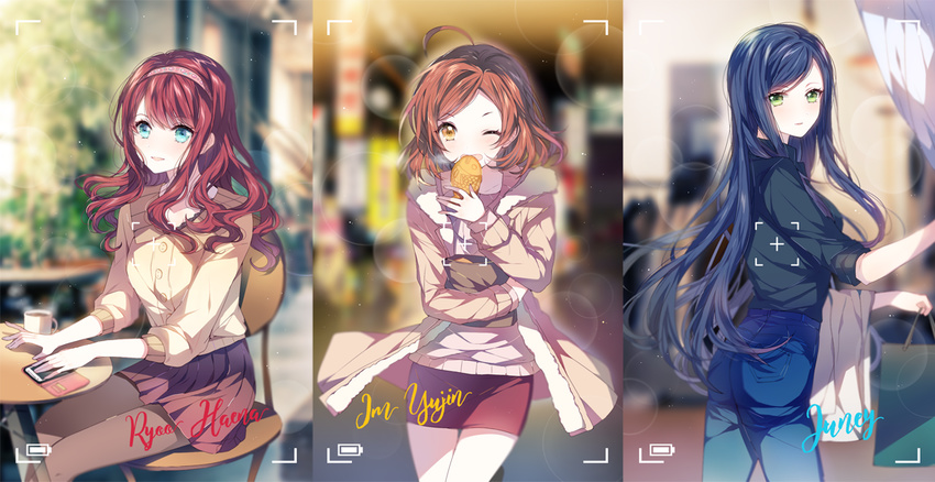 bag blue_eyes brown_eyes brown_hair cellphone character_name food green_eyes idolmaster idolmaster_cinderella_girls im_yujin juney multiple_girls nennen one_eye_closed open_mouth pantyhose phone red_hair ryoo_haena short_hair smartphone smile taiyaki wagashi