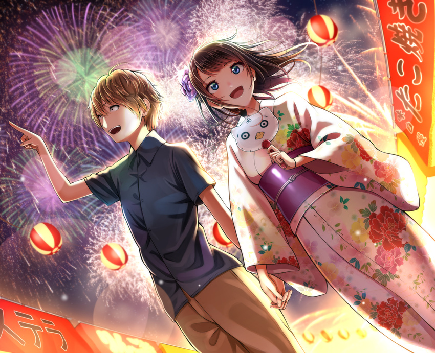 1girl :d alternate_hairstyle arm_up bangs black_hair blue_eyes braid brown_hair dutch_angle festival fireworks from_below holding holding_hands interlocked_fingers japanese_clothes karasuma_ryuu kentaurosu kimono lantern lens_flare long_hair matsuno_chiya open_mouth original outdoors paper_lantern pointing shirt short_sleeves smile wide_sleeves yukata