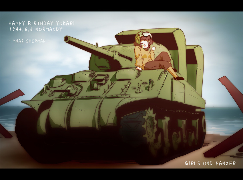 akiyama_yukari beach caterpillar_tracks english girls_und_panzer ground_vehicle hariyaa jacket m4_sherman military military_vehicle motor_vehicle pants short_hair smile tank tank_helmet