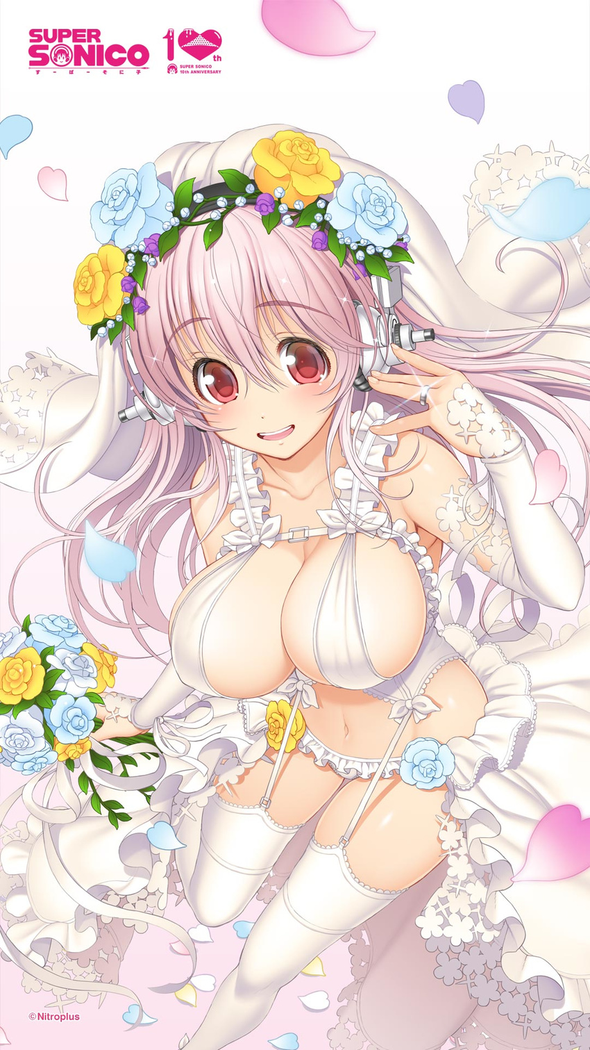blush bouquet breasts bridal_gauntlets bridal_veil bride cleavage dress elbow_gloves fingerless_gloves flower gloves hair_flower hair_ornament head_wreath headphones highres jewelry large_breasts long_hair looking_at_viewer navel nitroplus official_art open_mouth pink_hair smile solo super_sonico thighhighs tsuji_santa veil wedding wedding_dress