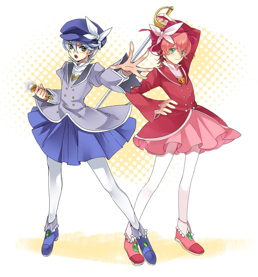 awh blue_hair crossdressing full_body green_eyes hat highres iii_(yuu-gi-ou_zexal) magical_girl male_focus multiple_boys okudaira_fuuya otoko_no_ko pantyhose pink_hair skirt sword weapon white_legwear yuu-gi-ou yuu-gi-ou_zexal