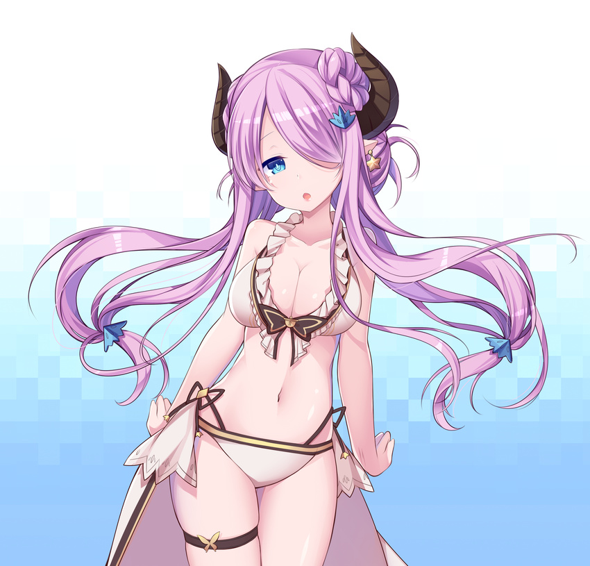 amemiya_ruki bare_shoulders bikini blue_eyes breasts cleavage collarbone commentary_request cowboy_shot double_bun draph earrings granblue_fantasy hair_ornament hair_over_one_eye hairclip highres horns jewelry long_hair looking_at_viewer medium_breasts narmaya_(granblue_fantasy) navel open_mouth pointy_ears purple_hair solo star star_earrings swimsuit thigh_strap