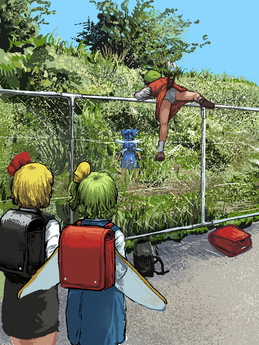 adapted_costume animal_ears backpack backpack_removed bag black_skirt black_vest blue_hair blue_skirt blue_sky blue_vest bow bush cat_ears chanta_(ayatakaoisii) chen cirno climbing commentary daiyousei day fairy_wings fence from_behind grass green_hair hair_bow hair_ribbon highres ice ice_wings long_sleeves looking_at_another multiple_girls multiple_tails outdoors panties pantyshot red_skirt red_vest ribbon road rumia shirt side_ponytail skirt skirt_set sky standing tail team_9 touhou two_tails underwear vest wavy_hair white_panties white_shirt wings