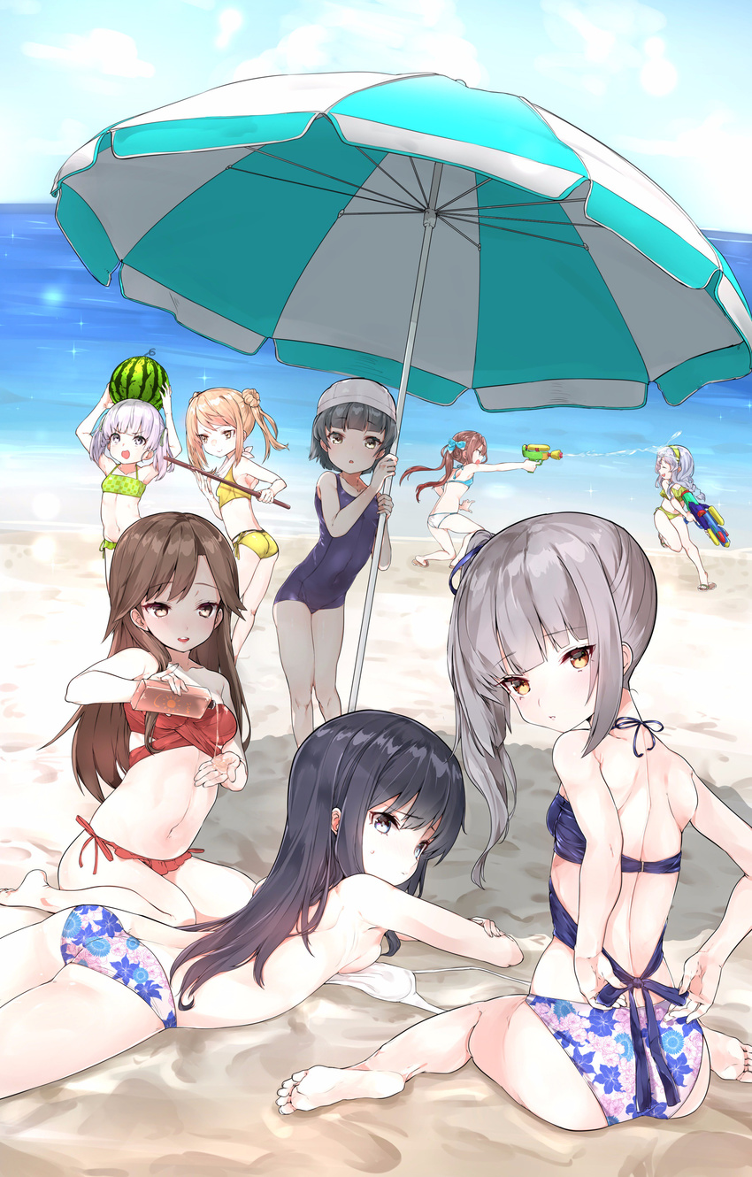 &gt;:) :d absurdres arare_(kantai_collection) arashio_(kantai_collection) asagumo_(kantai_collection) asashio_(kantai_collection) ass bad_id bad_twitter_id beach bikini bikini_top_removed black_hair blue_eyes bow breasts brown_eyes brown_hair checkered checkered_bikini commentary_request day double_bun floral_print food from_behind fruit grey_hair hair_bow hairband highres kantai_collection kasumi_(kantai_collection) light_brown_hair long_hair lying michishio_(kantai_collection) mitsudoue multiple_girls navel ocean on_stomach one-piece_swimsuit ooshio_(kantai_collection) open_mouth school_swimsuit seiza side-tie_bikini side_ponytail sideboob sitting small_breasts smile swimsuit tanning_oil topless twintails umbrella v-shaped_eyebrows wariza water_gun watermelon yamagumo_(kantai_collection)