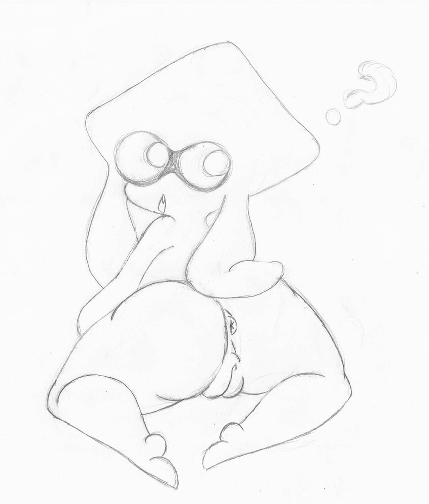 ? anus big_butt butt fangs female inkling looking_back monochrome nintendo open_mouth pervymarioman pussy solo splatoon thick_thighs traditional_media_(artwork) video_games
