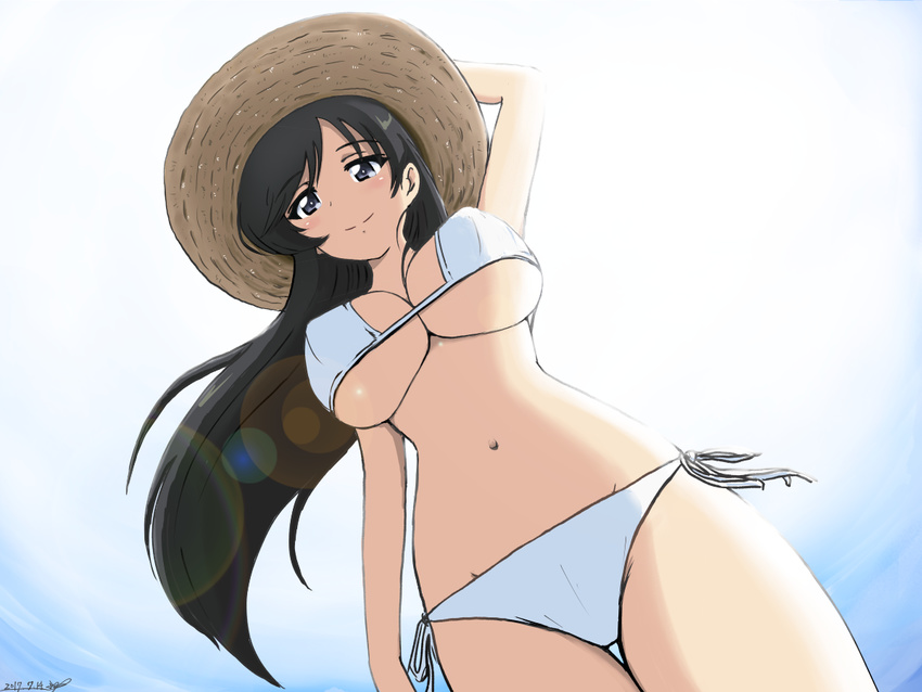 bikini black_hair blue_eyes blush breasts bukkuri day girls_und_panzer groin hat isuzu_hana large_breasts long_hair navel side-tie_bikini sky smile solo straw_hat swimsuit swimwear underboob white_bikini