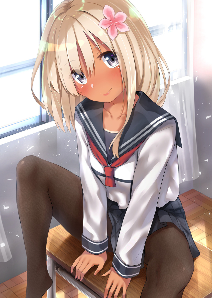 absurdres alternate_costume black_skirt blonde_hair blush brown_legwear classroom collarbone commentary_request curtains day desk eyebrows_visible_through_hair eyes_visible_through_hair flower go-1 hair_between_eyes hair_flower hair_ornament highres indoors kantai_collection long_hair looking_at_viewer on_desk pantyhose ro-500_(kantai_collection) school_desk school_uniform serafuku silver_eyes sitting skirt smile solo spread_legs tan tanline window