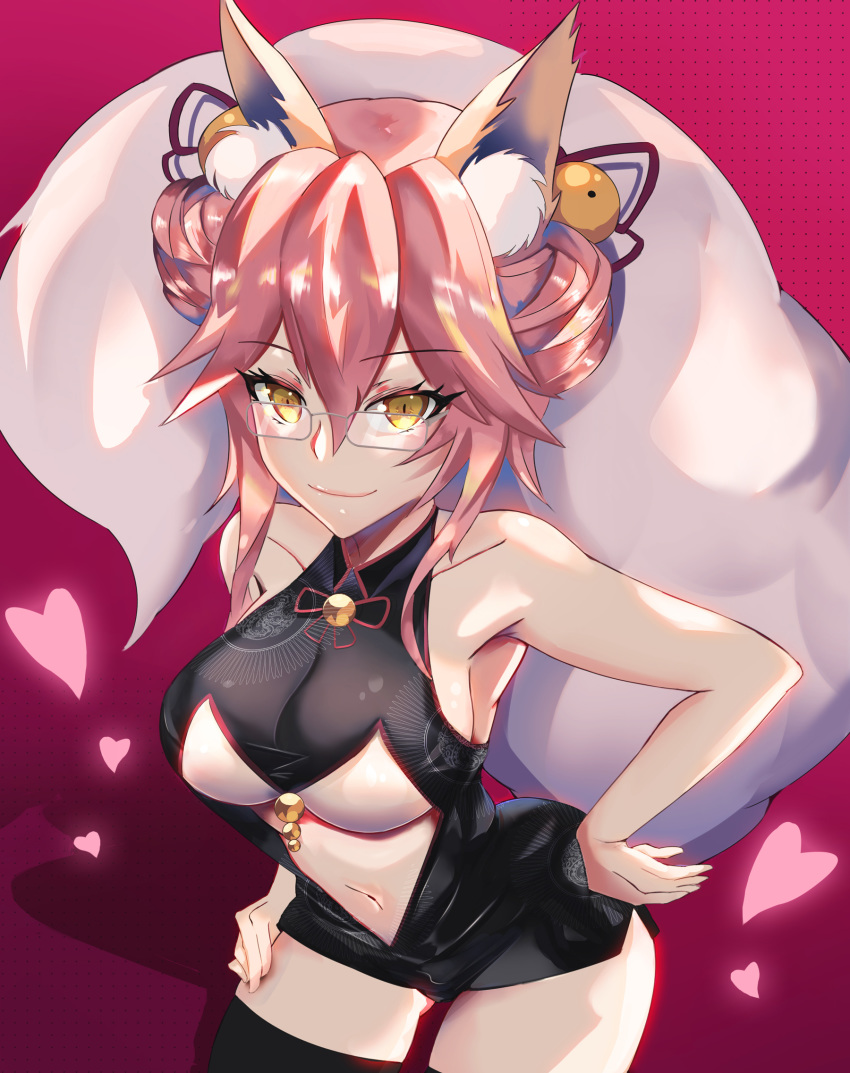 1girl alternate_hairstyle animal_ear_fluff animal_ears breasts collarbone fate/grand_order fate_(series) fox_ears fox_girl fox_tail glasses hands_on_hips heart highres koyanskaya kuroha_(rockluo213) large_breasts looking_at_viewer navel pink_hair smile solo tail tamamo_(fate)_(all) underboob yellow_eyes