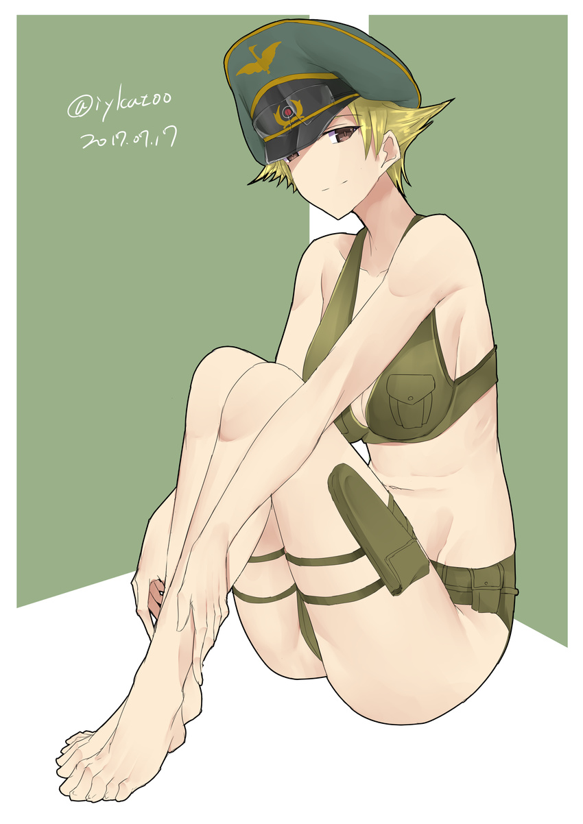 absurdres barefoot blonde_hair brown_eyes commentary_request erwin_(girls_und_panzer) eyewear_on_headwear girls_und_panzer groin hat highres holster irukatto looking_at_viewer military_hat multicolored multicolored_background peaked_cap pointy_hair short_hair simple_background sitting solo sports_bikini sports_bra thigh_holster thigh_strap