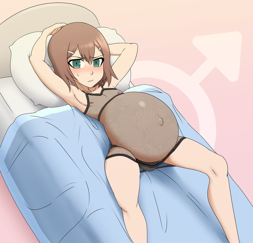 1boy androgynous baka_to_test_to_shoukanjuu blush bulge green_eyes hairclip kinoshita_hideyoshi lingerie looking_at_viewer octoboy pregnant trap