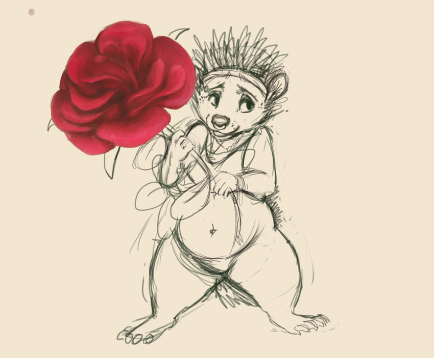 anthro bottomless clothed clothing facial_piercing featureless_crotch female flower hedgehog jewelry mammal necklace nose_piercing oddwilds overweight piercing plant rose solo