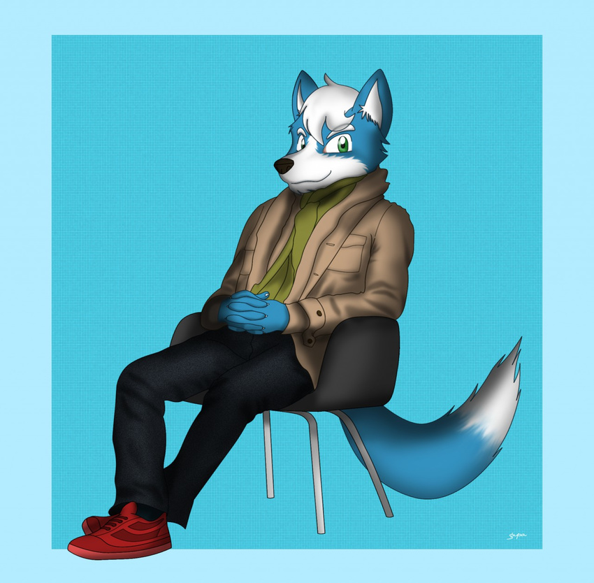 2014 blue_fur blue_hair canine clothign clothing coat cupped_hands eye_contact footwear fox fur green_eyes gupa507 hair mammal marcus_mccloud multicolor_tail multicolored_fur pants shirt shoes smile two_tone_fur white_fur