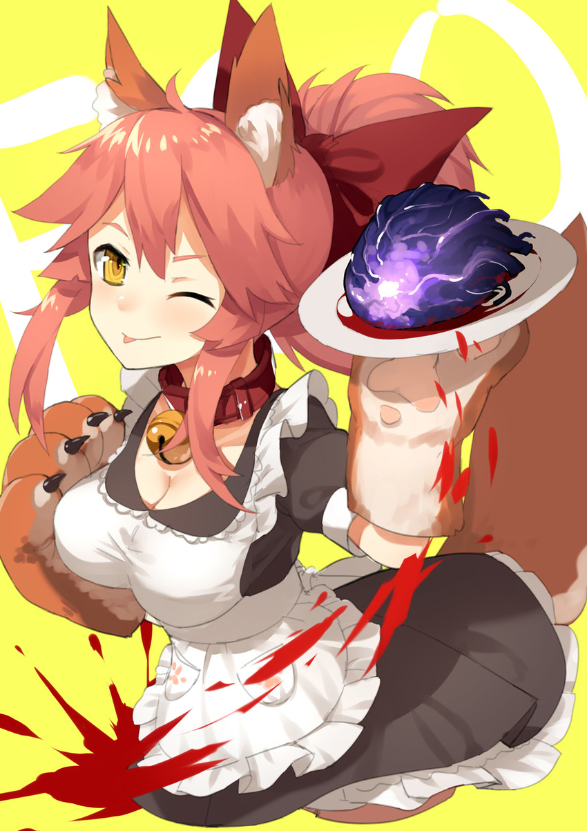 animal_ears blush bow breasts cleavage fate/grand_order fate_(series) fox_ears fox_tail hair_bow highres holding holding_plate large_breasts long_hair looking_at_viewer one_eye_closed paws pink_hair plate ponytail red_bow sh_(562835932) smile solo tail tamamo_(fate)_(all) tamamo_cat_(fate) tongue tongue_out yellow_eyes