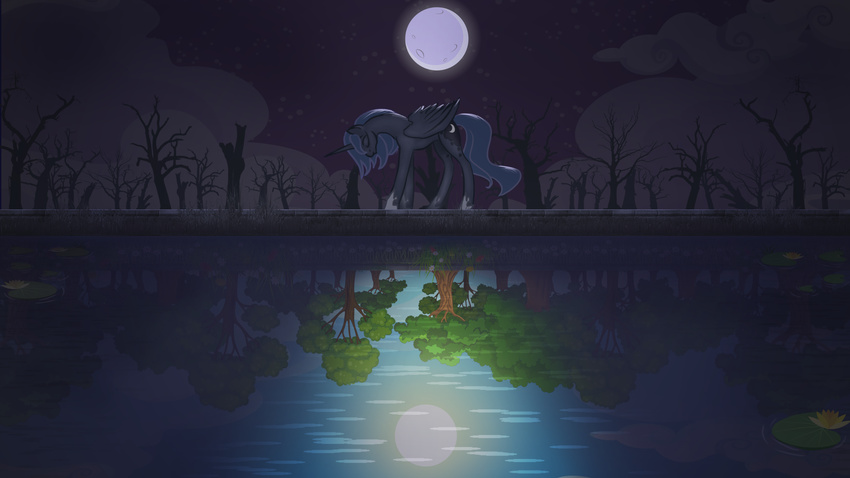 alternate_reflection dead_tree eqamrd equine female friendship_is_magic horn mammal moon my_little_pony night princess_luna_(mlp) reflection solo star winged_unicorn wings