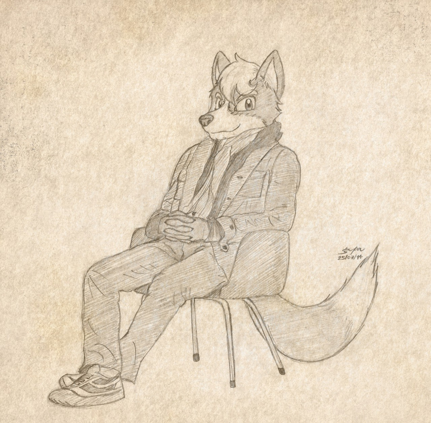 2014 canine clothing coat cupped_hands eye_contact footwear fox fur gupa507 mammal marcus_mccloud monochrome multicolor_tail multicolored_fur pants pose shirt shoes sitting sketch smile two_tone_fur