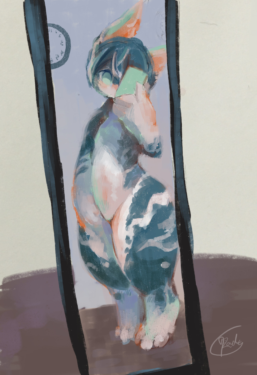 2017 3_toes absurd_res ambiguous_gender anthro blue_fur blue_hair cat cellphone clock digital_media_(artwork) digital_painting_(artwork) feline fur girly hair hi_res kemono mammal mirror mirror_selfie mouthless multicolored_fur no_pupils nude phone rady-wolf selfie short_hair simple_background solo standing thick_thighs tiptoes toes two_tone_fur white_belly