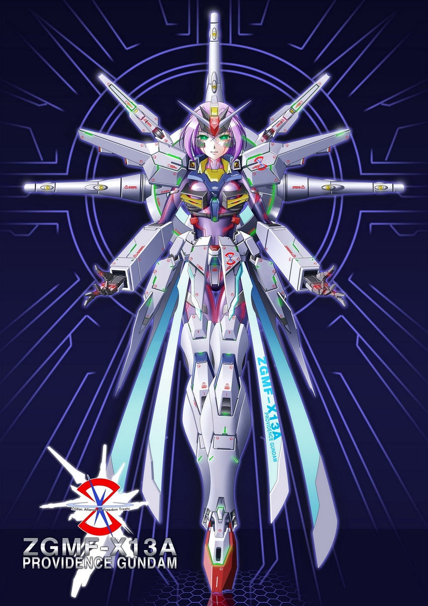 armor bodysuit crossed_legs empty_eyes glowing glowing_eyes green_eyes gundam gundam_seed highres mecha_musume neon_trim providence_gundam purple_hair yin_gren