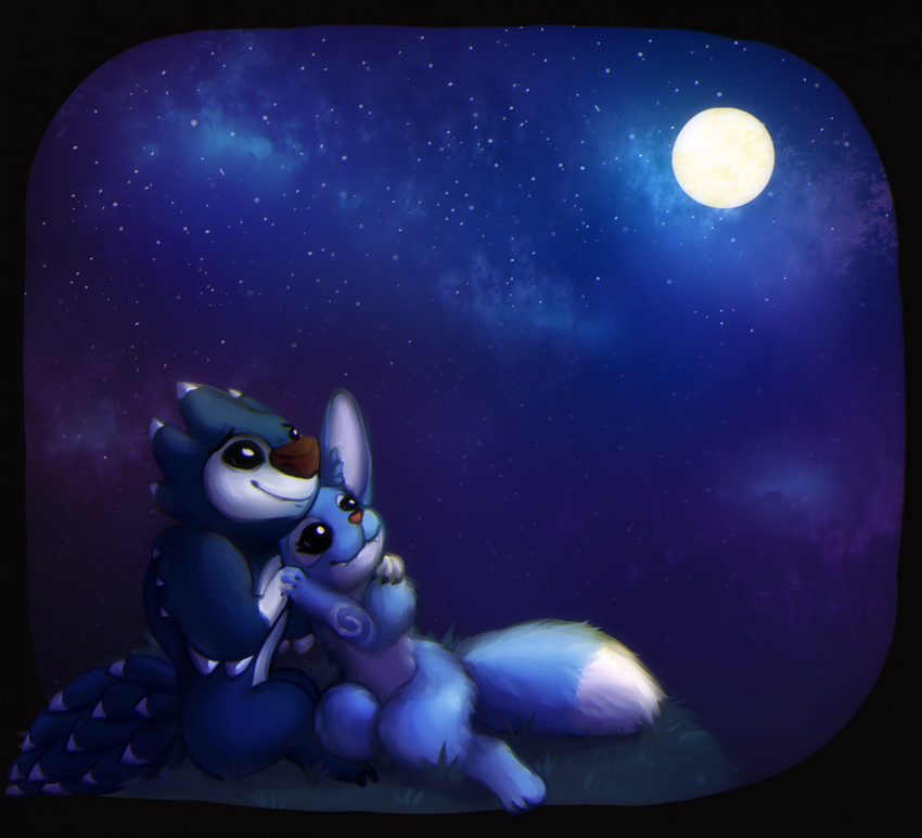 3_toes alien alisenokmouse anthro arm_around_shoulder black_eyes blue_fur couple_(disambiguation) dark_blue_fur disney experiment_(species) fan_character female full_moon fur hand_holding happy lilo_and_stitch love male male/female moon night night_sky nully_(character) outside romantic sitting smile spike_(lilo_and_stitch) star star_gazing toes