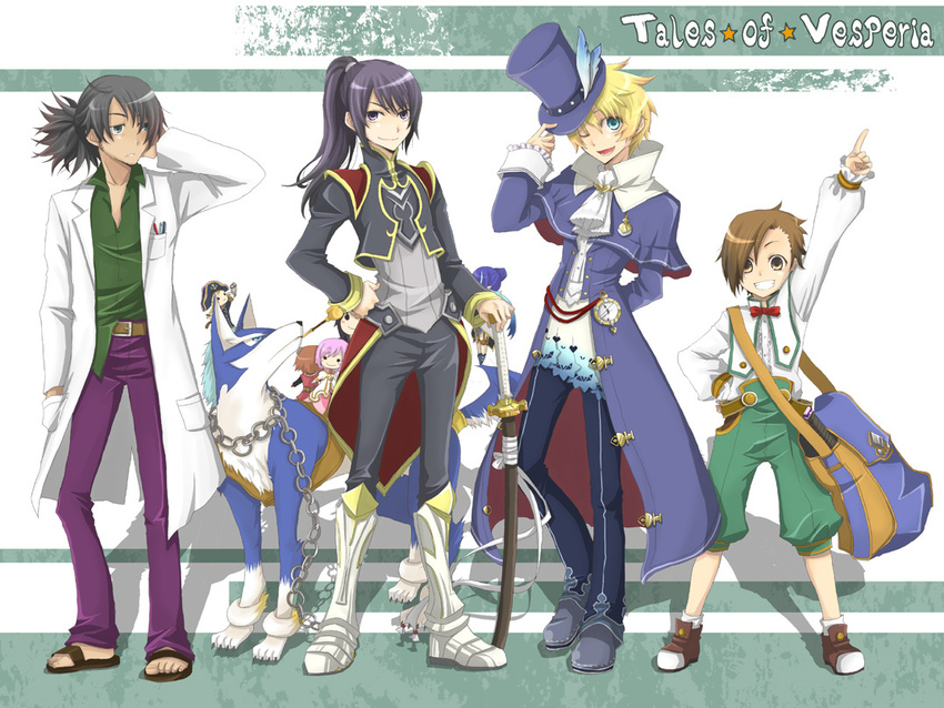 4boys alternate_costume bangs black_hair blonde_hair blue_eyes boots brown_hair character_doll character_request company_connection copyright_name cosplay dog estellise_sidos_heurassein flynn_scifo frederic_chopin frederic_chopin_(cosplay) full_body hat high_ponytail judith karol_capel kawamura_raichi knee_boots male_focus multiple_boys namco one_eye_closed patty_fleur ponytail raven_(tov) repede rita_mordio sword tales_of_(series) tales_of_vesperia top_hat trusty_bell weapon white_background wink yuri_lowell