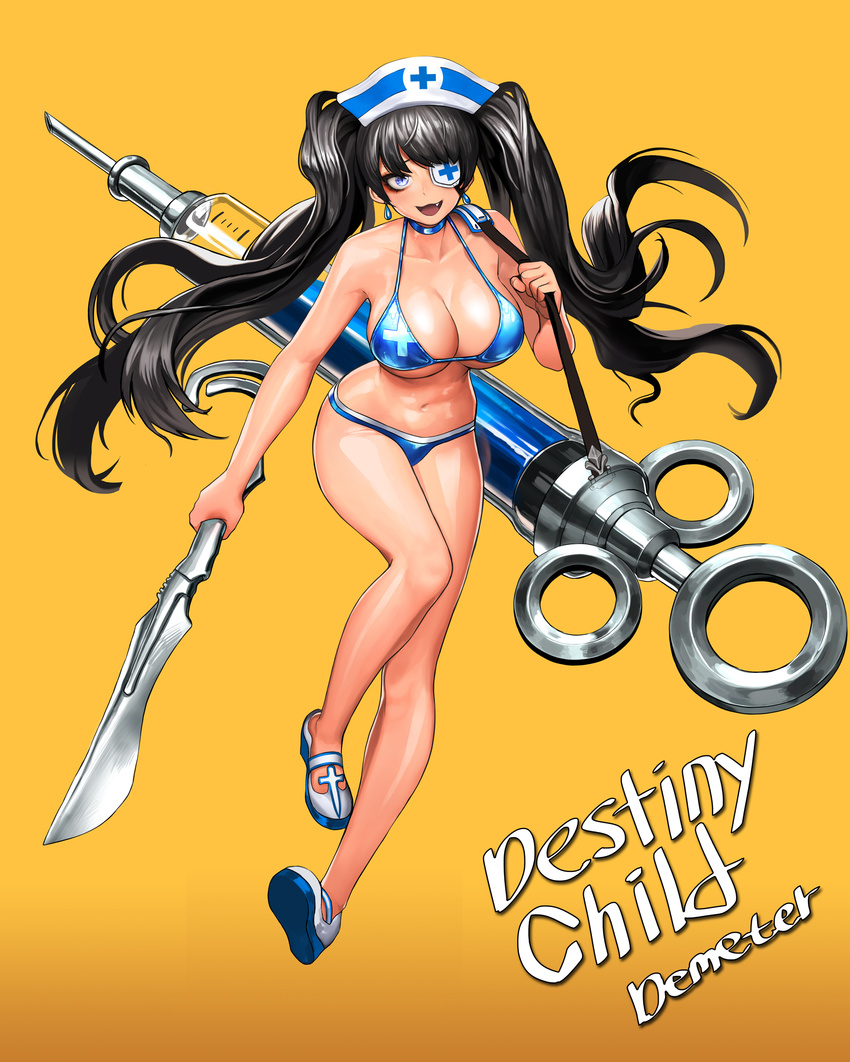 :d absurdres alternate_costume bare_arms bare_legs bare_shoulders bikini black_hair blue_bikini blue_choker blue_eyes breasts cain_(gunnermul) character_name choker cleavage collarbone copyright_name cross_print demeter_(destiny_child) destiny_child dress eyelashes eyepatch fang full_body hat highres holding large_breasts long_hair navel nurse nurse_cap one_eye_covered open_mouth oversized_object scalpel shoes simple_background slit_pupils smile solo standing standing_on_one_leg stomach strap_gap swimsuit syringe twintails underboob very_long_hair white_footwear white_hat yellow_background