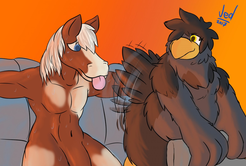 2017 anthro arty_stu avian base beak belly bird butt corvid crow digital_media_(artwork) equine fan_(disambiguation) feathers herseio horse invalid_tag male mammal nude penis shacking simple_background slightly_chubby stu summer sweat tongue twerking warm