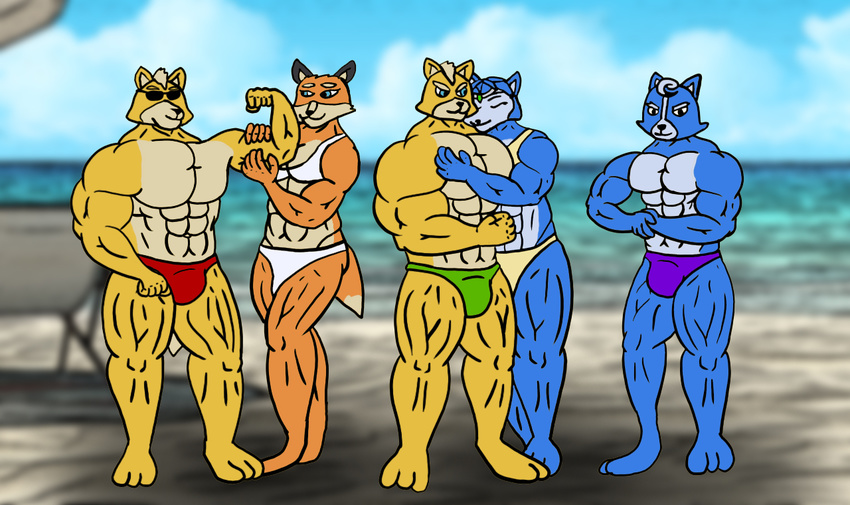 abs age_difference beach blue_eyes blue_fur brown_fur canine clothing eyewear family father female flexing fox fox_mccloud fur grandfather grandmother green_eyes group_picture hug james_mccloud krystal kusaganiartist male mammal marcus_mccloud mature_male mother multicolored_fur multicolored_tail muscular nintendo orange_fur parent pose seaside speedo star_fox sunglasses swimsuit teenager two_tone_fur video_games vixy_reinard white_fur yellow_fur young