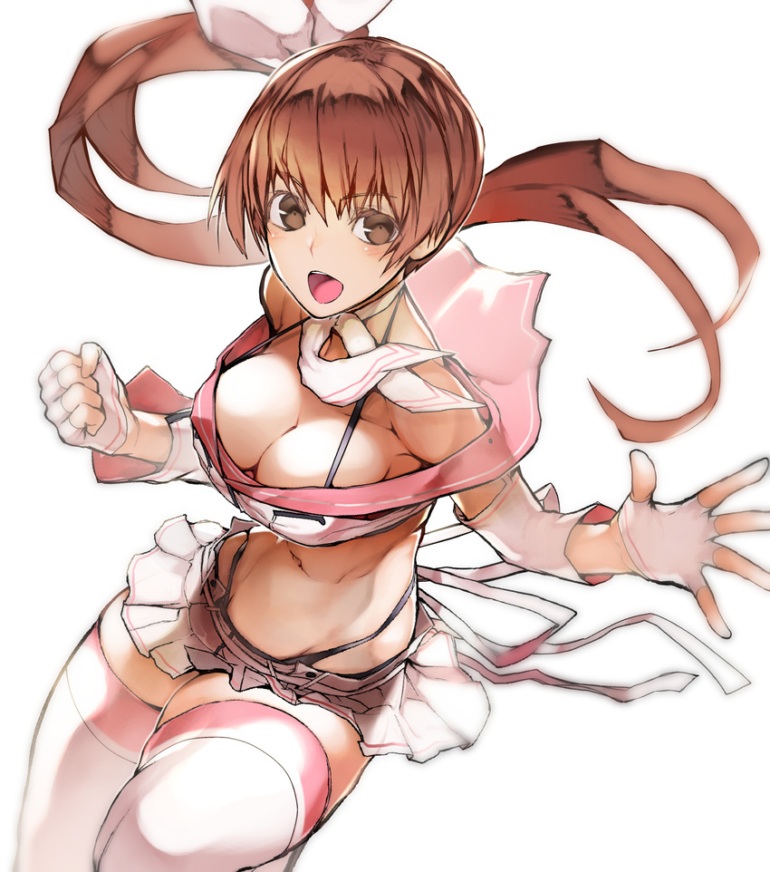 baek_changpo bangs black_panties blush bow breasts brown_hair cleavage clenched_hand commentary eyebrows_visible_through_hair fingerless_gloves gloves hair_bow hair_ribbon highleg highleg_panties highres large_breasts long_hair looking_at_viewer microskirt midriff navel nishiide_kengorou open_mouth panties pleated_skirt ponytail ribbon senkou_no_ronde side_ponytail simple_background skirt smile solo thighhighs thighs underwear white_background white_gloves white_legwear white_ribbon white_skirt