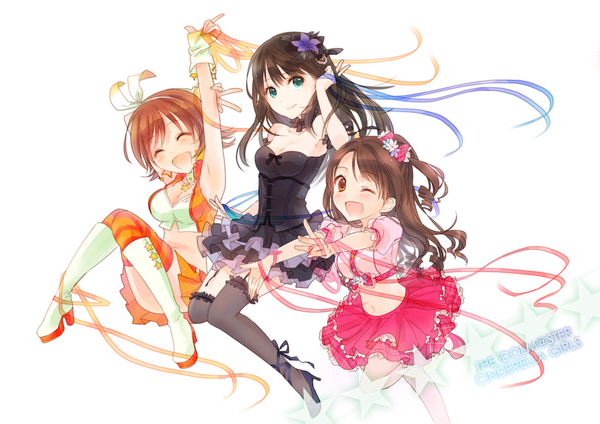 ;d amattle arm_up armpits black_dress black_gothic_dress_(idolmaster) black_legwear blue_ribbon boots bow breasts brown_eyes brown_hair choker cleavage closed_eyes collarbone copyright_name crop_top dress floating_hair flower full_body garter_straps green_eyes hair_bow hair_flower hair_ornament hairband hand_in_hair high_heels honda_mio idolmaster idolmaster_cinderella_girls jewelry knee_boots layered_dress layered_skirt leg_up long_hair looking_at_viewer medium_breasts midriff miniskirt multiple_girls navel necklace new_generations one_eye_closed one_side_up open_mouth orange_legwear orange_ribbon orange_skirt pink_check_school purple_flower red_bow red_ribbon red_skirt ribbon shibuya_rin shimamura_uzuki short_dress short_hair simple_background skirt small_breasts smile star star_necklace stomach strapless strapless_dress striped striped_legwear sunset_nostalgie thighhighs transparent v white_background white_footwear white_hairband