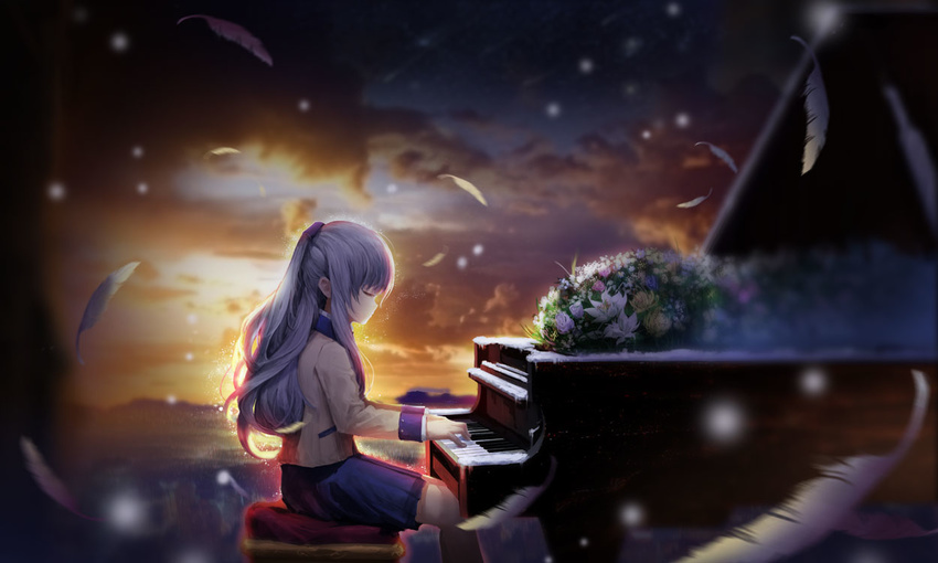 angel_beats! blue_skirt brown_jacket closed_eyes from_side instrument jacket long_hair music outdoors piano playing_instrument playing_piano pleated_skirt sanyuejiuri silver_hair sitting skirt solo tenshi_(angel_beats!) white_feathers