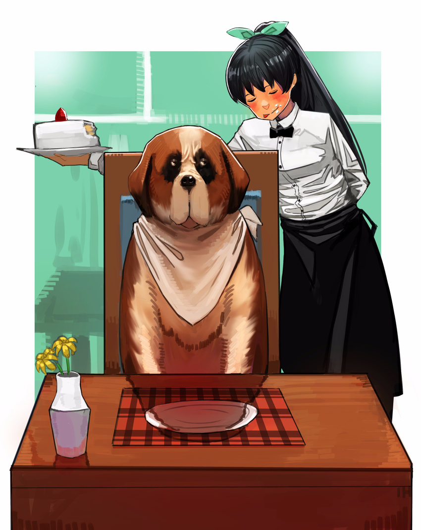 absurdres black_hair blush bow bowtie cake closed_eyes commentary_request flower food food_on_face ganaha_hibiki hair_ribbon highres idolmaster idolmaster_(classic) inumi kuresaka long_hair ponytail ribbon st_bernard tongue tongue_out waiter