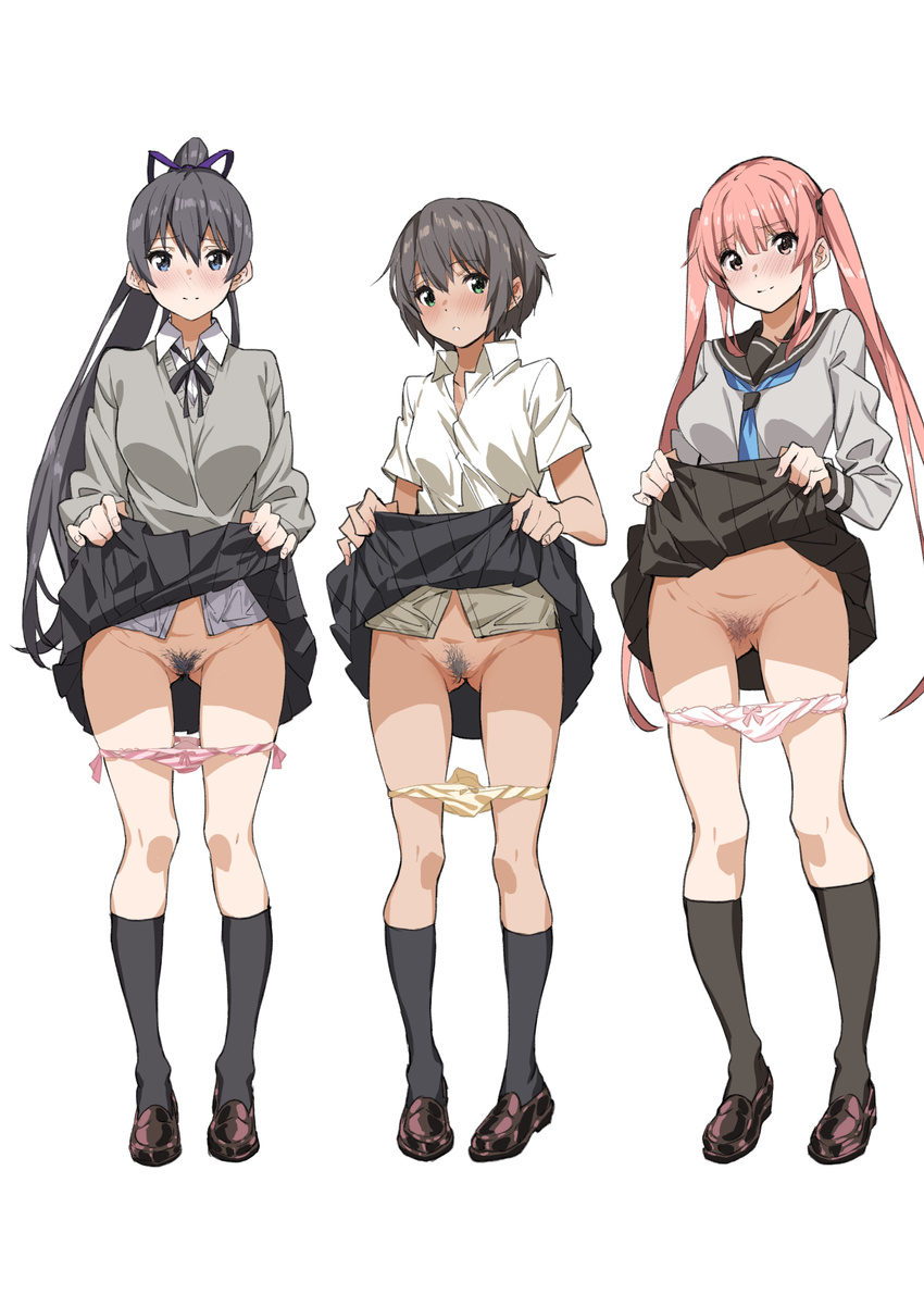 absurdres ass_visible_through_thighs bangs black_hair blue_eyes blush breasts colored_pubic_hair eyebrows_visible_through_hair full_body green_eyes hair_ribbon high_ponytail highres large_breasts loafers long_hair looking_at_viewer medium_breasts multiple_girls non-web_source original panties panty_pull parted_lips pink_hair pink_panties pubic_hair ribbon saitou_masatsugu school_uniform serafuku shoes short_hair short_sleeves simple_background skirt skirt_lift small_breasts smile standing striped striped_panties sweater twintails underwear white_background yellow_panties