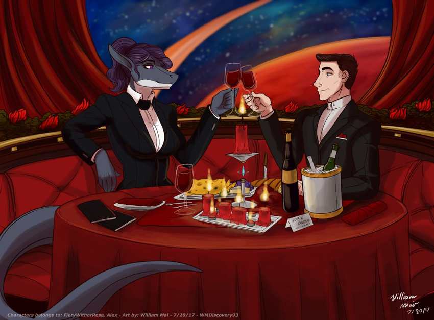2017 abstract_background alcohol anthro beverage breasts clothed clothing digital_media_(artwork) dinner duo female fierywitherrose fish food fruit hair hi_res long_hair male marine nova_whitesail shark sitting smile table tuxedo wine wmdiscovery93