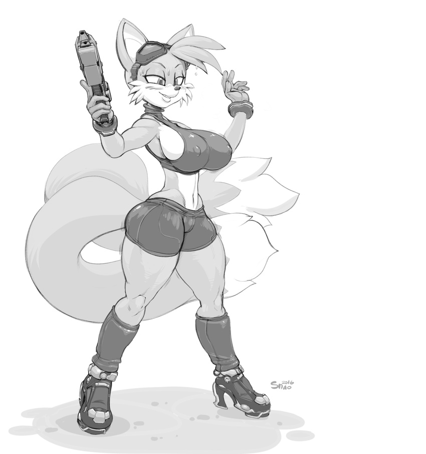 2016 anthro anthrofied big_breasts boots breast_expansion breasts butt_expansion canine clothed clothing cosplay crossgender erect_nipples eyewear female footwear fox fur goggles gun hi_res mammal metroid miles_prower monochrome navel nintendo nipple_bulge nipples ranged_weapon samus_aran signature simple_background skimpy snao solo sonic_(series) video_games weapon white_fur