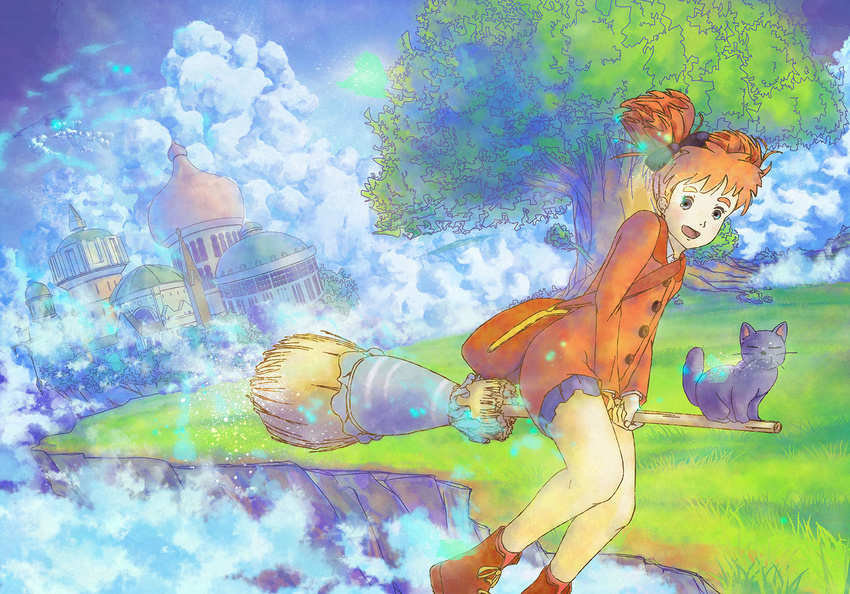 ankle_boots bag black_cat black_eyes boots bow broom broom_riding brown_hair building cat cloud commentary day floating_city floating_island grass hair_bow happy happy_tears highres light_particles looking_at_viewer looking_to_the_side mary_(mary_to_majo_no_hana) mary_to_majo_no_hana short_twintails shoulder_bag skirt sky smile solo tears tree twintails usatarosu witch