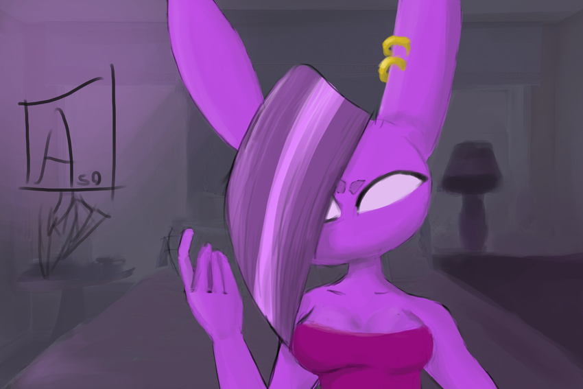 asomium beconing bedroom empty_eyes female finger_wag gesture lagomorph mammal mouthless piercing rabbit solo tight_dress vixie