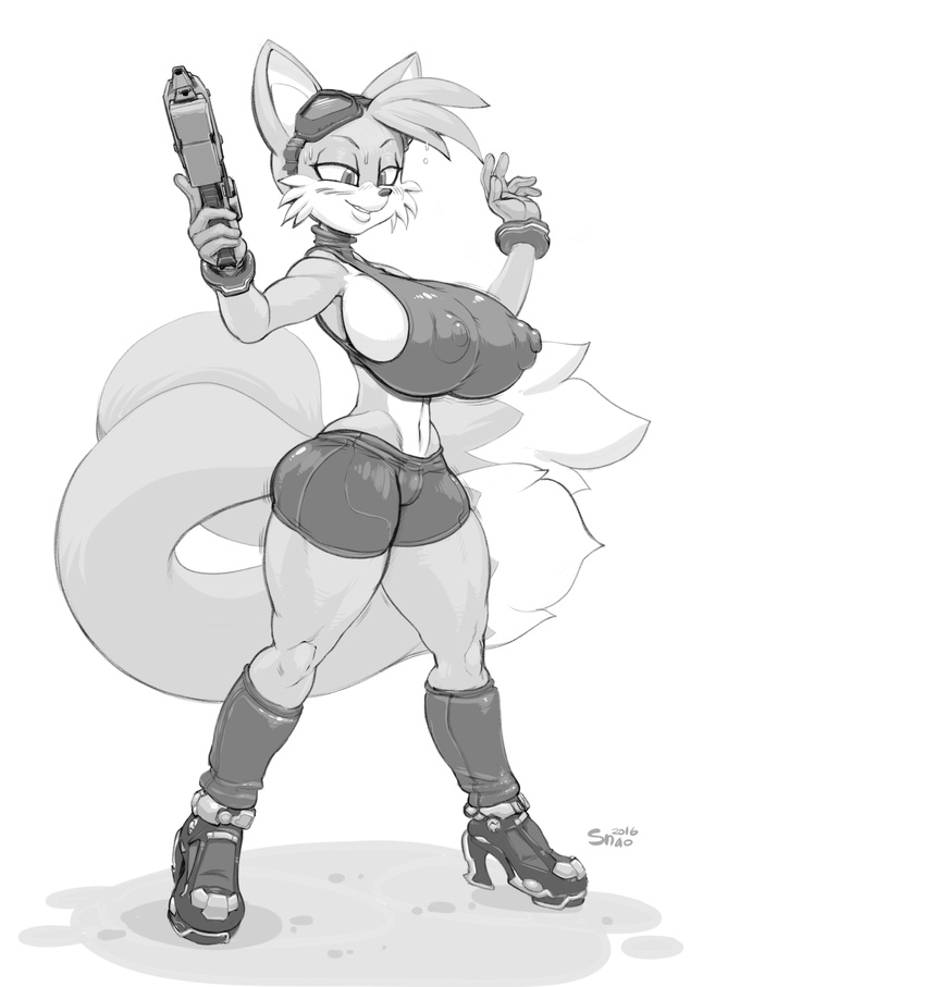 2016 anthro anthrofied areola big_breasts boots breast_expansion breasts canine clothed clothing cosplay crossgender erect_nipples eyewear female footwear fox fur goggles gun hi_res mammal metroid miles_prower monochrome navel nintendo nipple_bulge nipples ranged_weapon samus_aran signature simple_background skimpy snao solo sonic_(series) video_games weapon white_fur