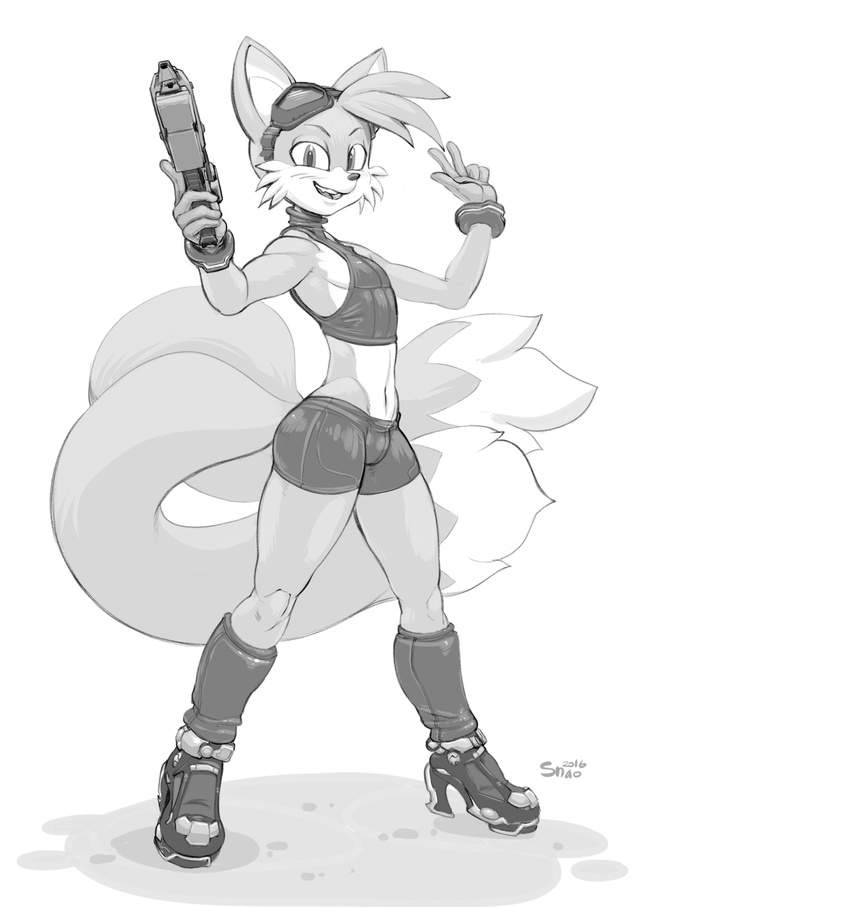 2016 anthro anthrofied boots canine clothed clothing cosplay crossdressing dipstick_tail eyewear footwear fox fur girly goggles gun hi_res high_heels male mammal metroid midriff miles_prower monochrome multi_tail multicolored_tail navel nintendo platform_footwear platform_heels ranged_weapon samus_aran shoes signature simple_background smile snao solo sonic_(series) video_games weapon white_fur