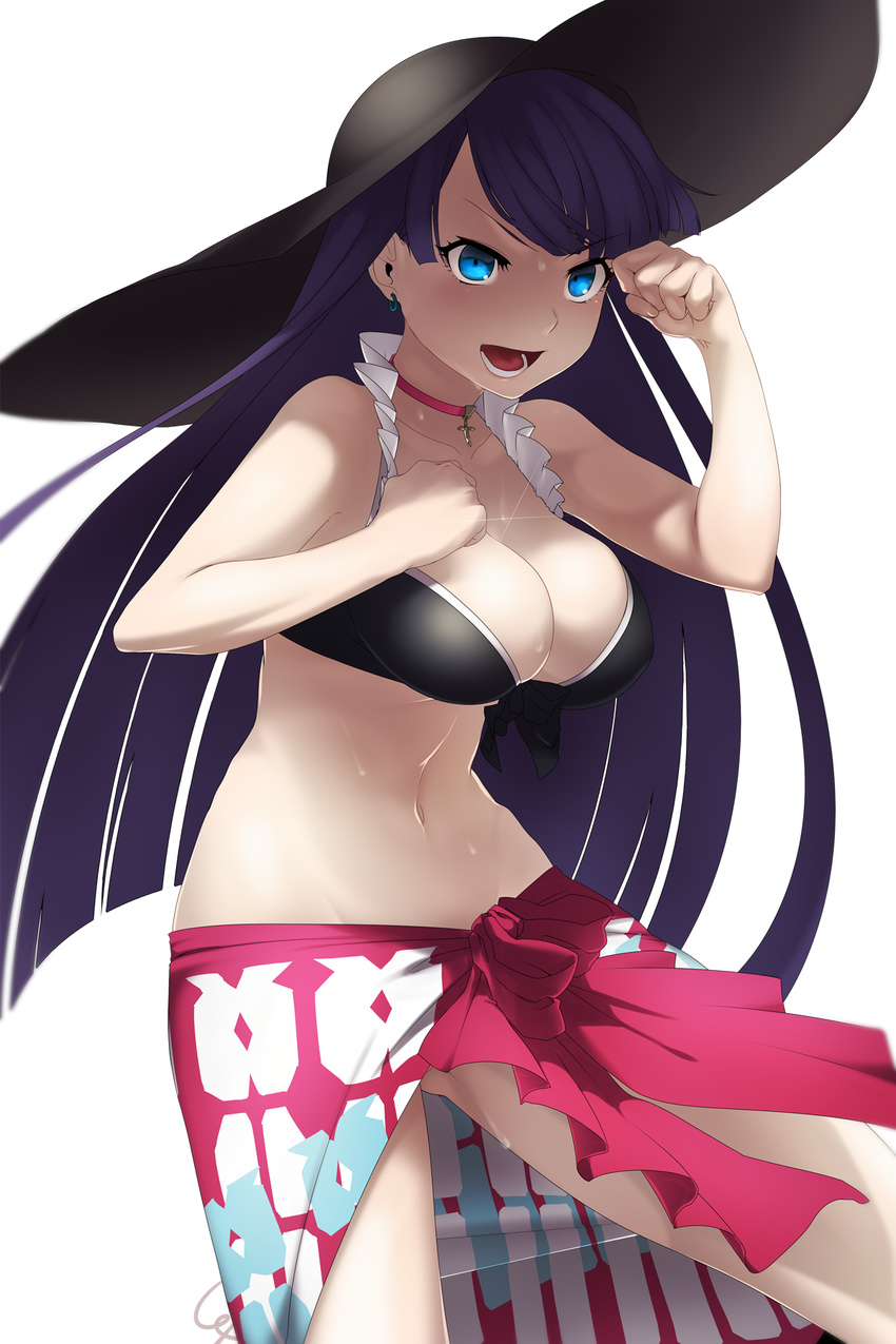 :d arms_up ass_visible_through_thighs bangs bikini_top black_bikini_top blue_eyes breasts choker cleavage clenched_hands contrapposto cowboy_shot cross cross_necklace earrings fate/grand_order fate_(series) frill_trim hat highres jewelry large_breasts long_hair navel necklace open_mouth purple_hair saint_martha saint_martha_(swimsuit_ruler)_(fate) sarong shimomoto simple_background smile solo sparkle standing sun_hat sweat v-shaped_eyebrows very_long_hair white_background