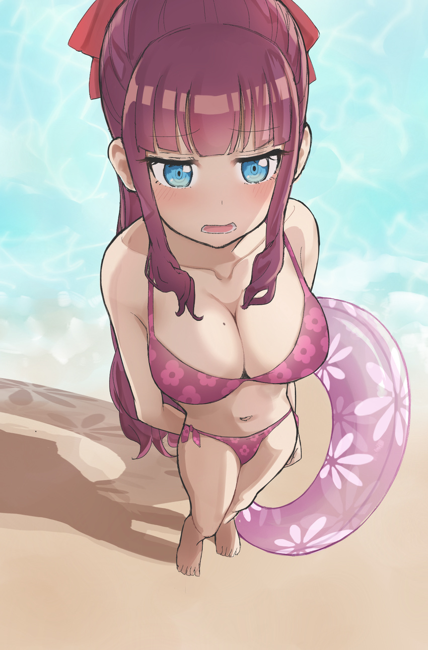 1girl beach bikini blue_eyes blush breasts brown_hair large_breasts mole navel new_game! ocean pink_bikini solo swimwear takimoto_hifumi