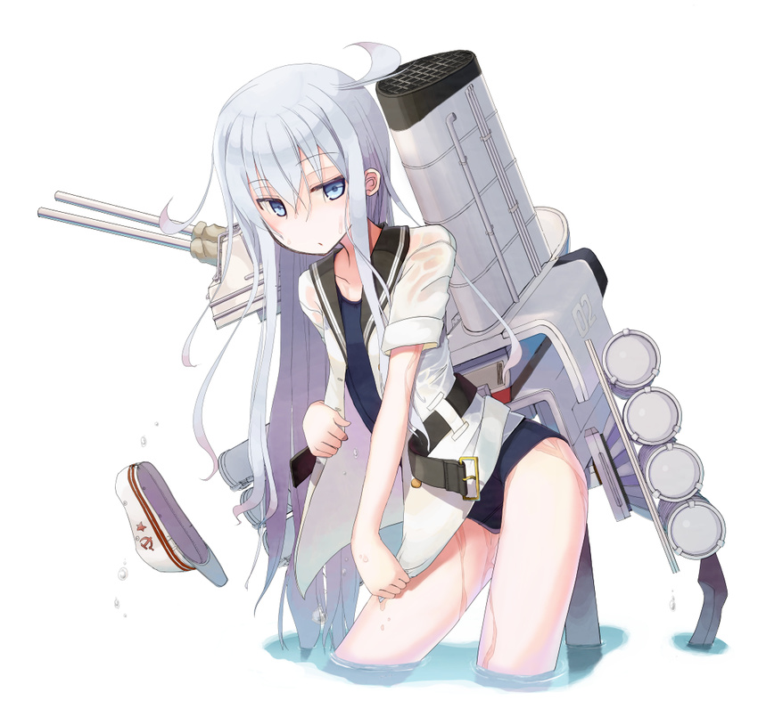 ahoge bangs belt blue_eyes commentary_request expressionless eyebrows_visible_through_hair flat_cap grey_hair hair_between_eyes hat hat_removed headwear_removed hibiki_(kantai_collection) kantai_collection long_hair looking_at_viewer mochiki parted_lips rigging sailor_collar school_swimsuit school_uniform serafuku solo swimsuit thighs turret verniy_(kantai_collection) wading wet
