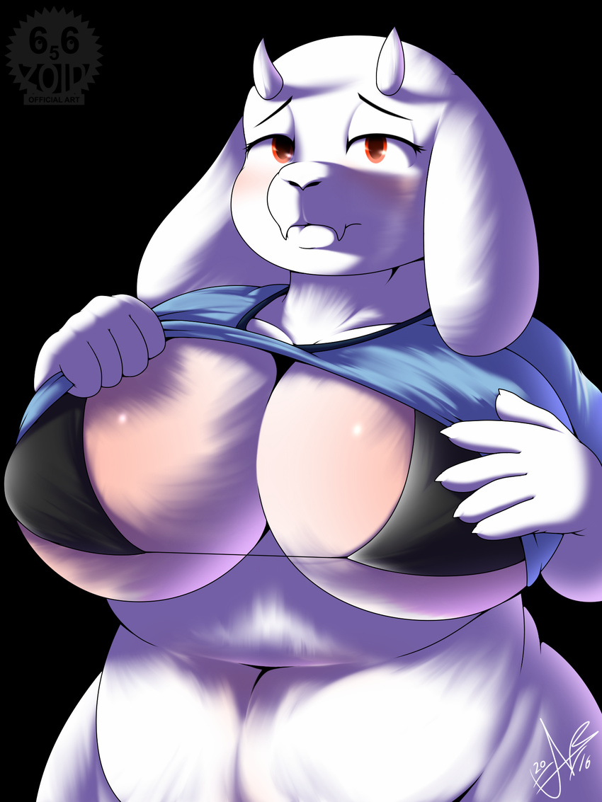 anthro big_breasts blush bra breasts caprine clothing female frimbobbar goat huge_breasts looking_at_viewer mammal shirt_up slightly_chubby solo toriel undertale underwear video_games