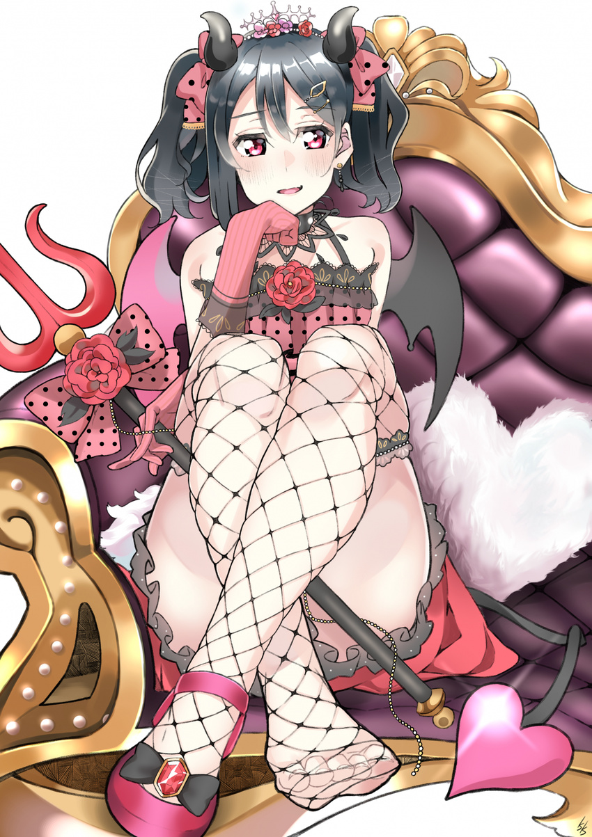 black_hair blush devil gloves happy_birthday horns long_hair love_live!_school_idol_project red_eyes tail throne trident yazawa_nico