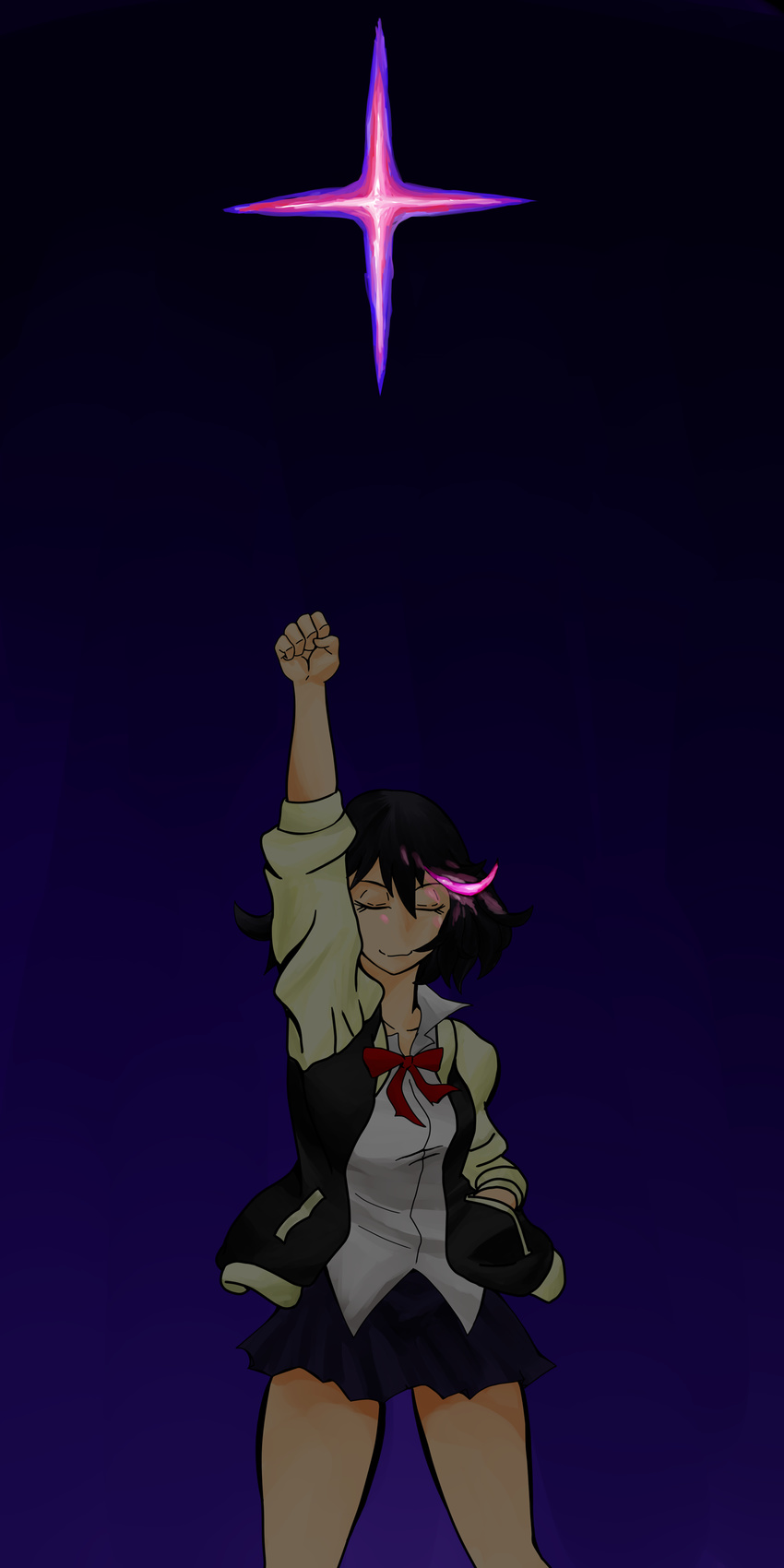 absurdres arm_up black_hair clenched_hand closed_eyes collared_shirt commentary_request dark dark_background diffraction_spikes dress_shirt facing_viewer glowing glowing_hair gradient gradient_background graphite_(medium) hand_in_pocket highres jacket kill_la_kill long_sleeves matoi_ryuuko multicolored_hair night open_clothes open_jacket popped_collar purple_background raised_fist red_neckwear school_uniform shirt smile solo standing star streaked_hair sukajan traditional_media untucked_shirt white_shirt wing_collar yamatsuki_(29-01)
