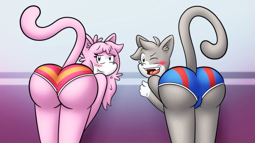 aeris_(vg_cats) bent_over briefs butt cat clothing feline female leo_(vg_cats) looking_at_viewer male mammal miles57 panties rear_view underwear vg_cats